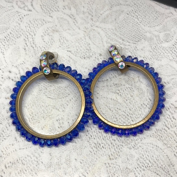 Big circular hoops dazzling blue glass crystal brass statement earrings-hefty. - Picture 3 of 6